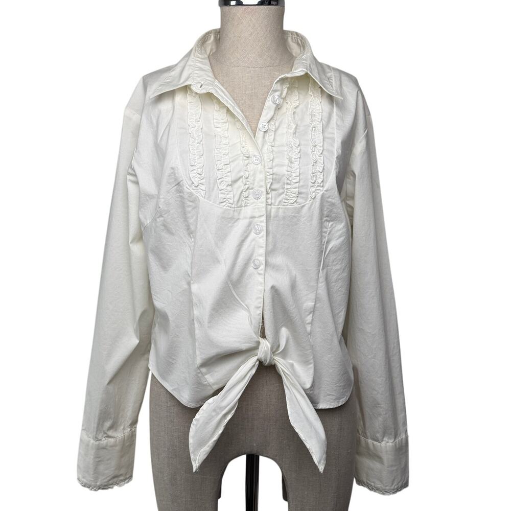 Vintage Ruffle Blouse Tie Front Cropped Cotton Shirt Coquette Y2K White Mixit